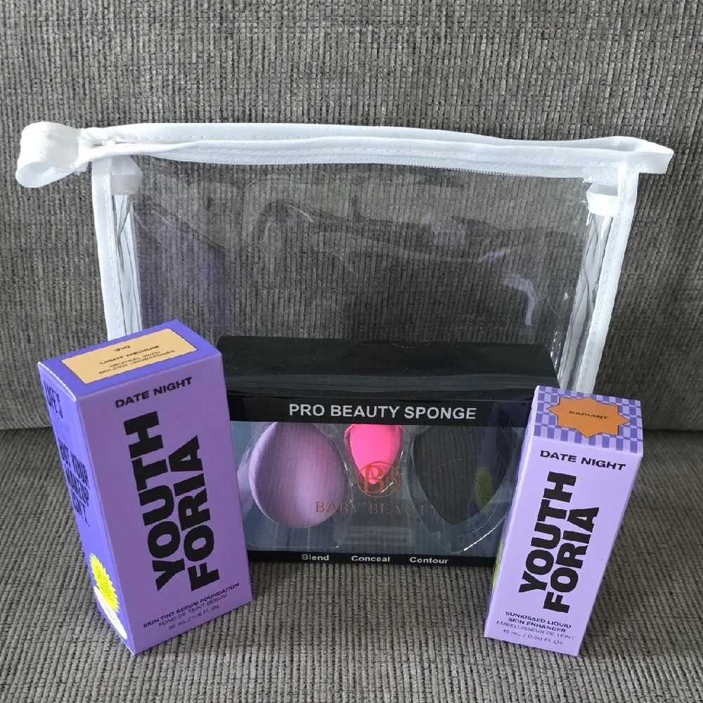 Youthforia Date Night Foundation And Skin Enhancer Set With Beauty Sponges, New.